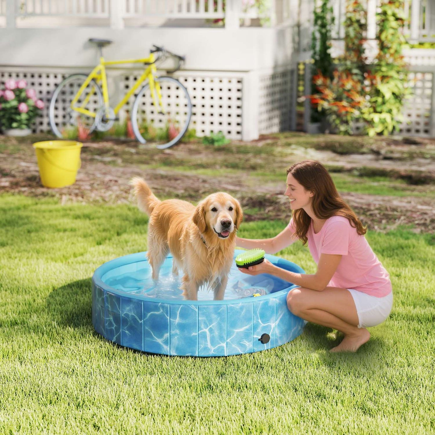 Dog Pool Foldable Paddling Pool with Fountain and Water Cushion Design Ø120 x 30 cm Blue
