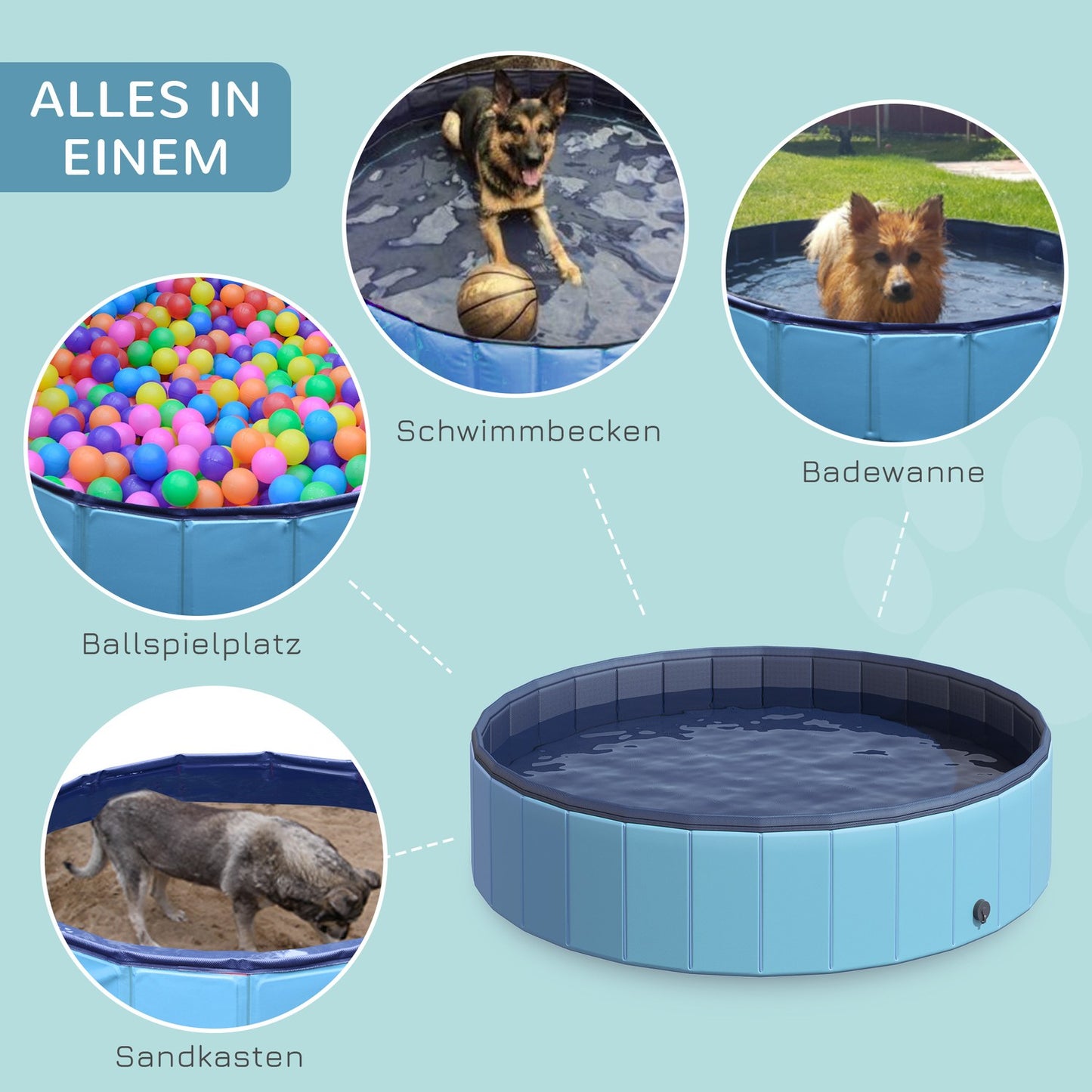 Large dog pool - PVC & wood, 140x30 cm, blue