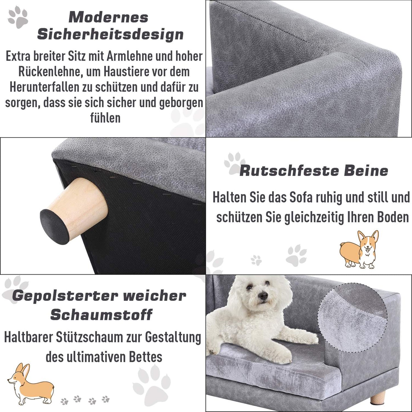 Comfortable gray pet sofa, artificial leather and plush, 68x41x32 cm