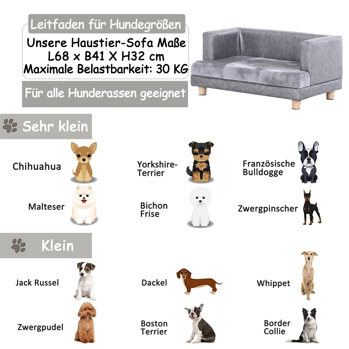 Comfortable gray pet sofa, artificial leather and plush, 68x41x32 cm