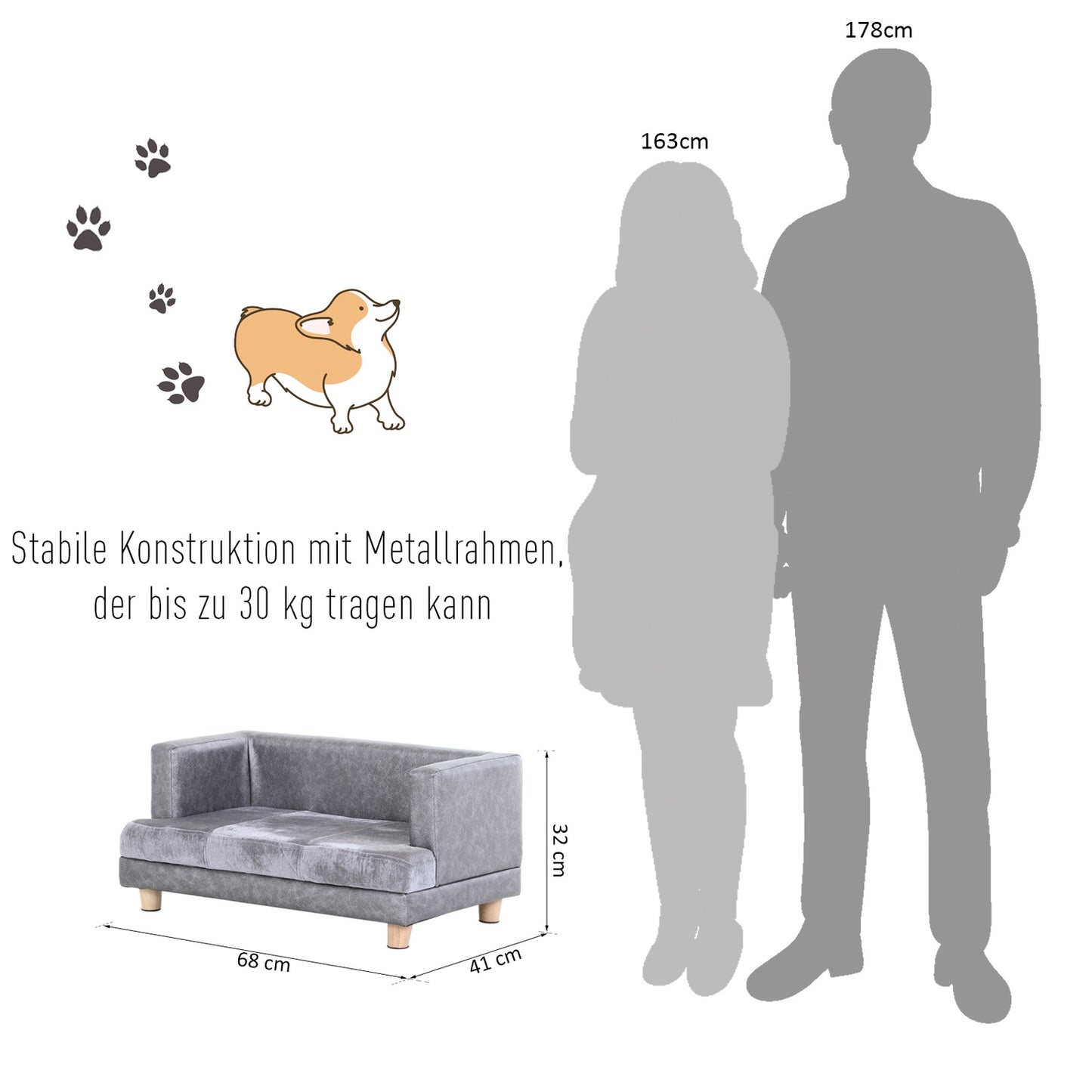 Comfortable gray pet sofa, artificial leather and plush, 68x41x32 cm