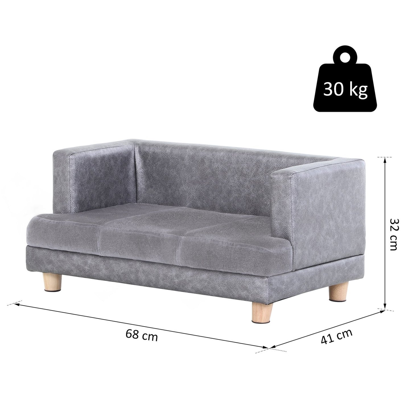 Comfortable gray pet sofa, artificial leather and plush, 68x41x32 cm