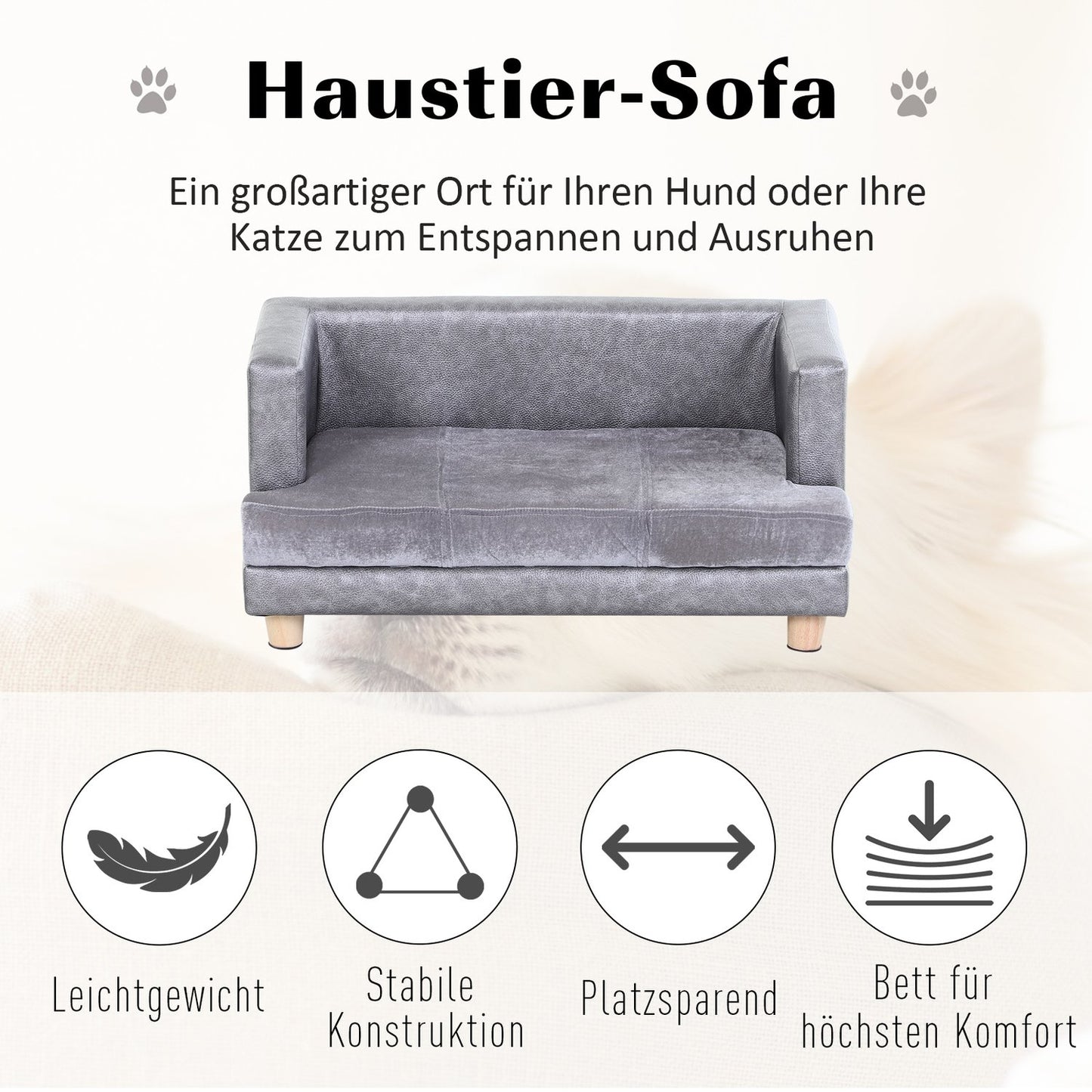 Comfortable gray pet sofa, artificial leather and plush, 68x41x32 cm
