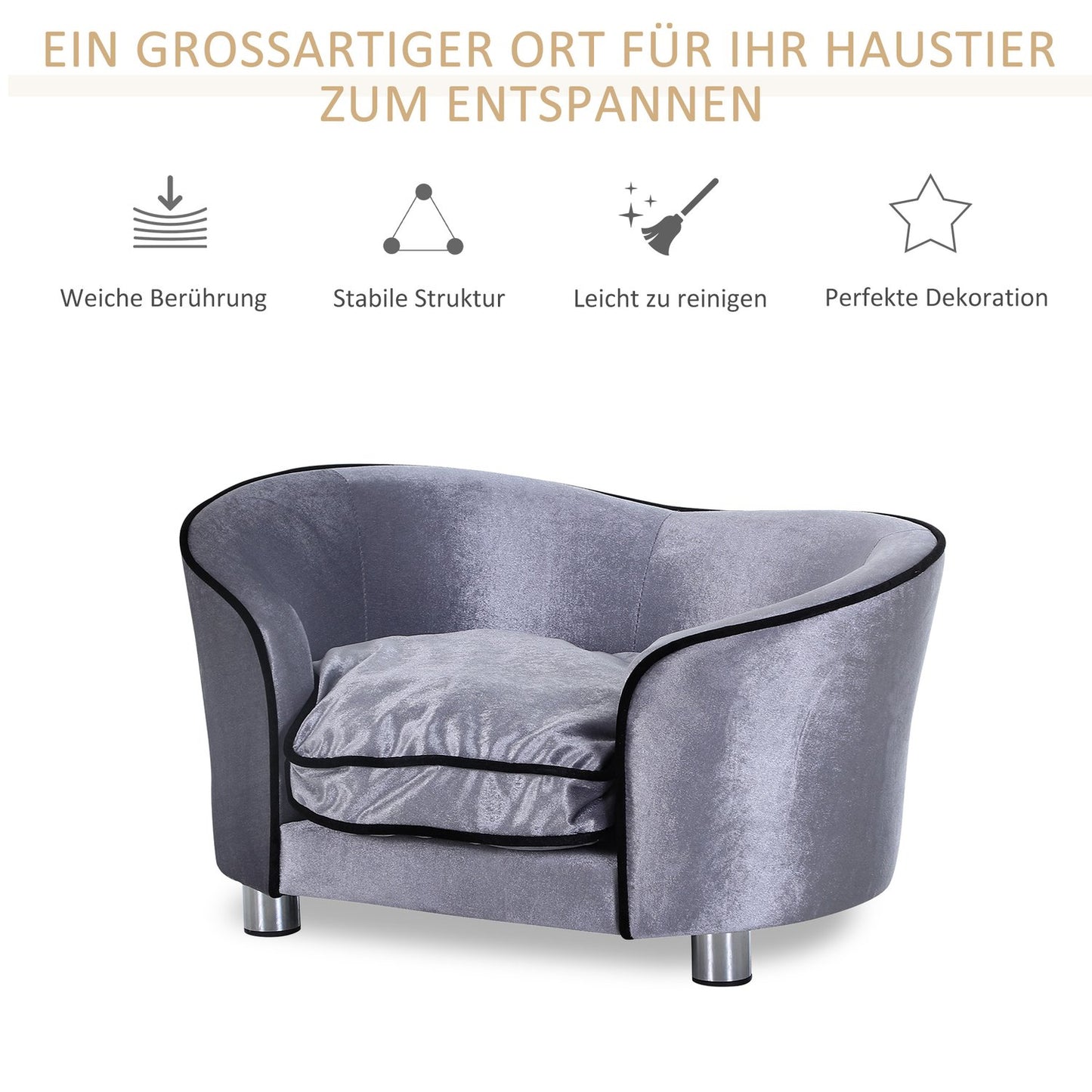 Luxury plush sofa for pets with cushion, gray - 69x49x38 cm