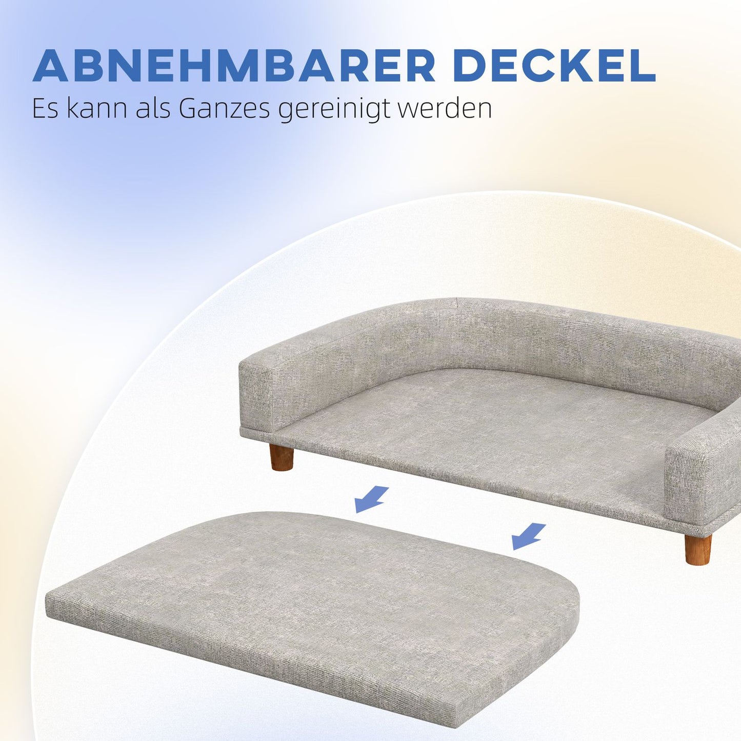 Dog sofa with cushion, raised design and wooden legs, gray
