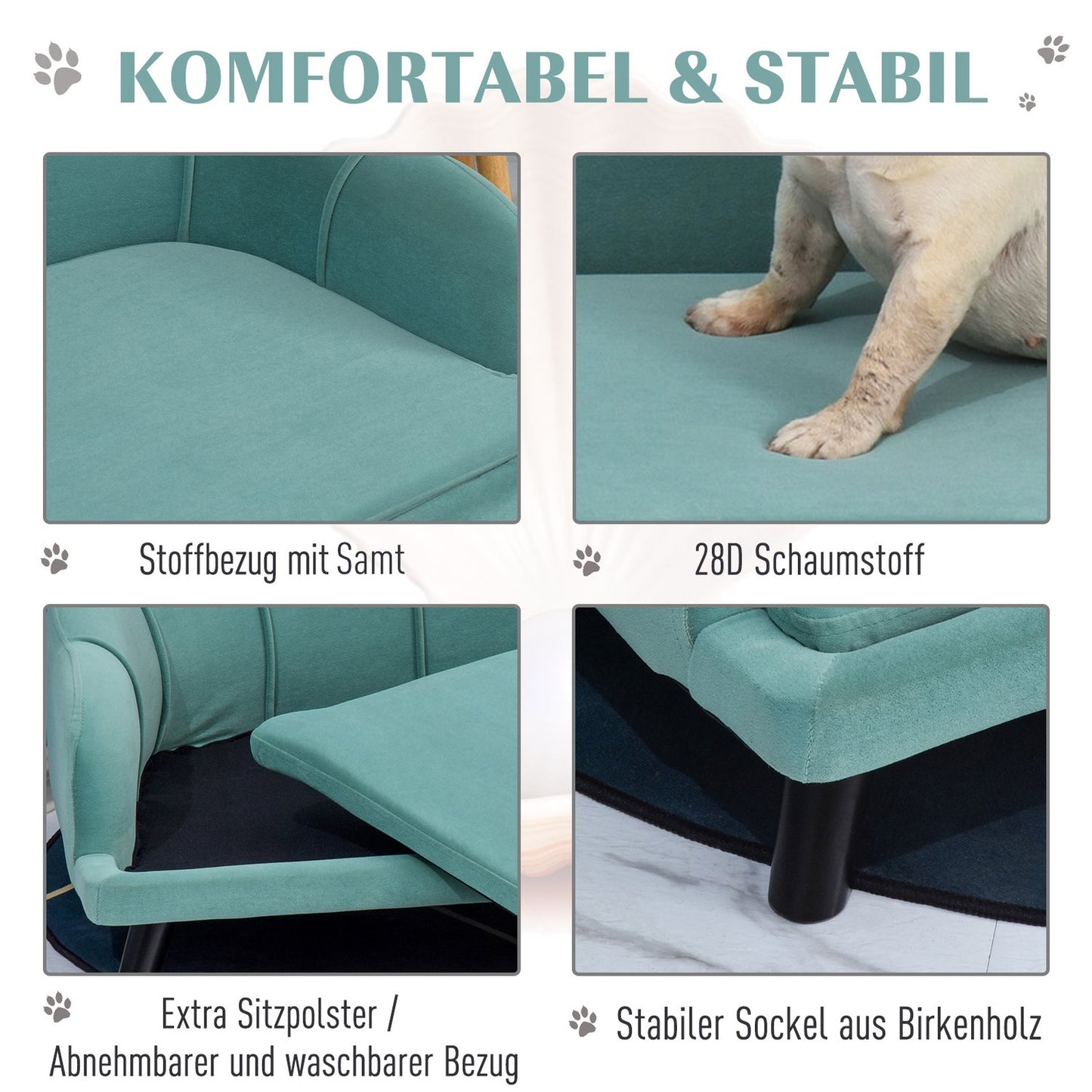 Pet sofa with backrest & wooden legs, soft fabric, green