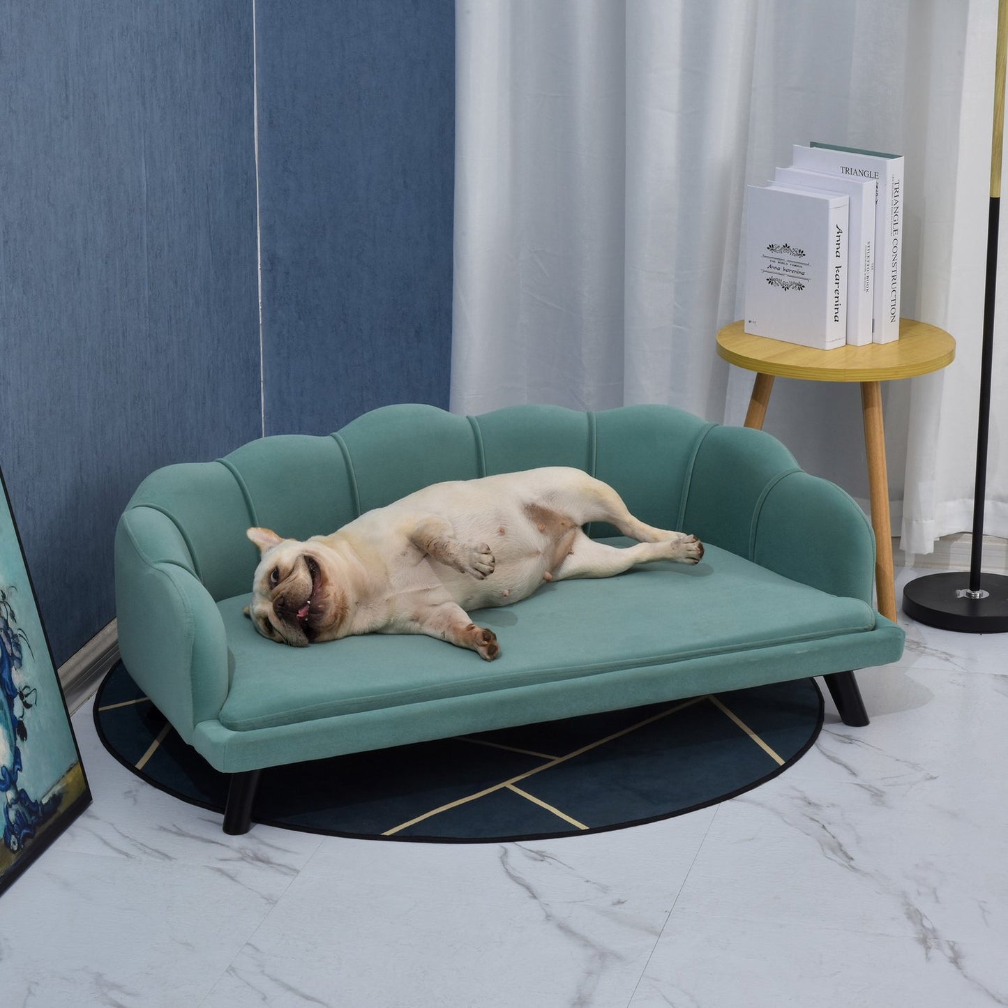 Pet sofa with backrest & wooden legs, soft fabric, green