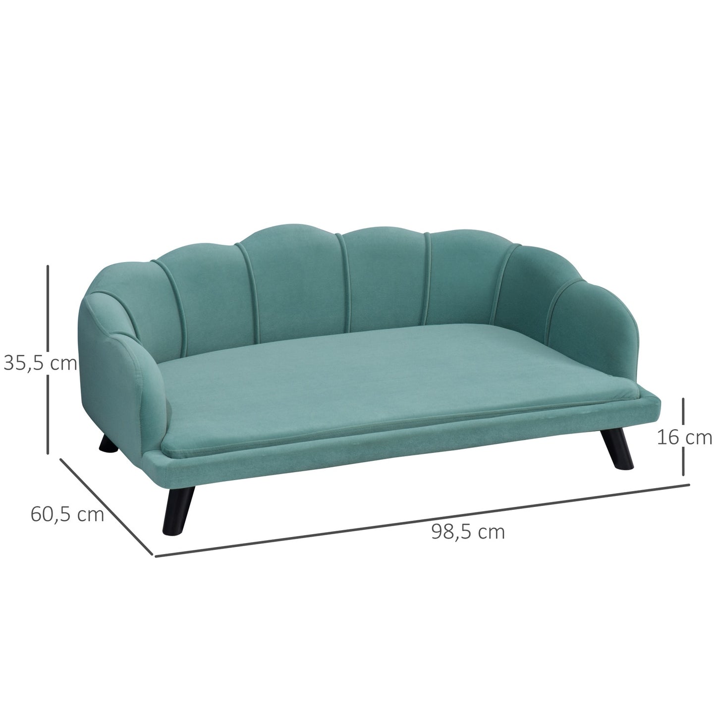 Pet sofa with backrest & wooden legs, soft fabric, green
