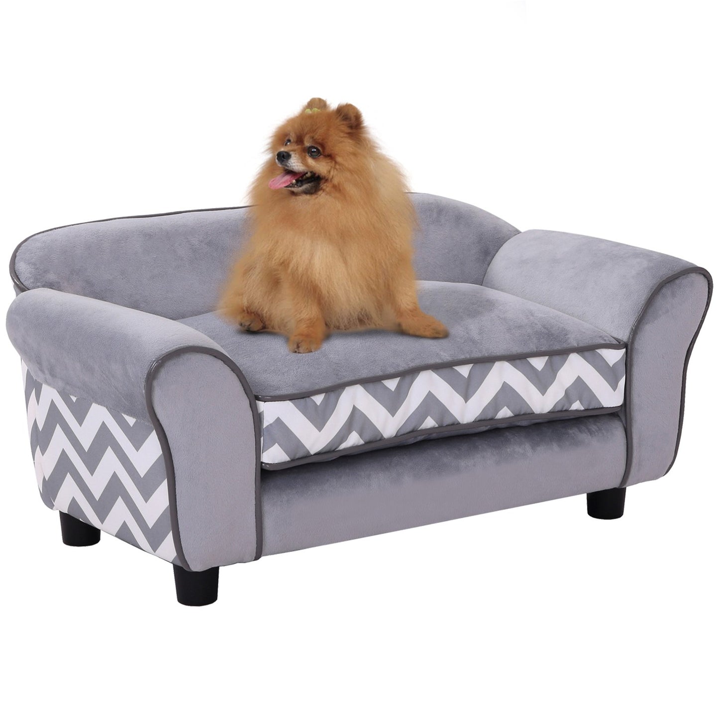 Gray velvet pet sofa with washable cushion and elevated feet