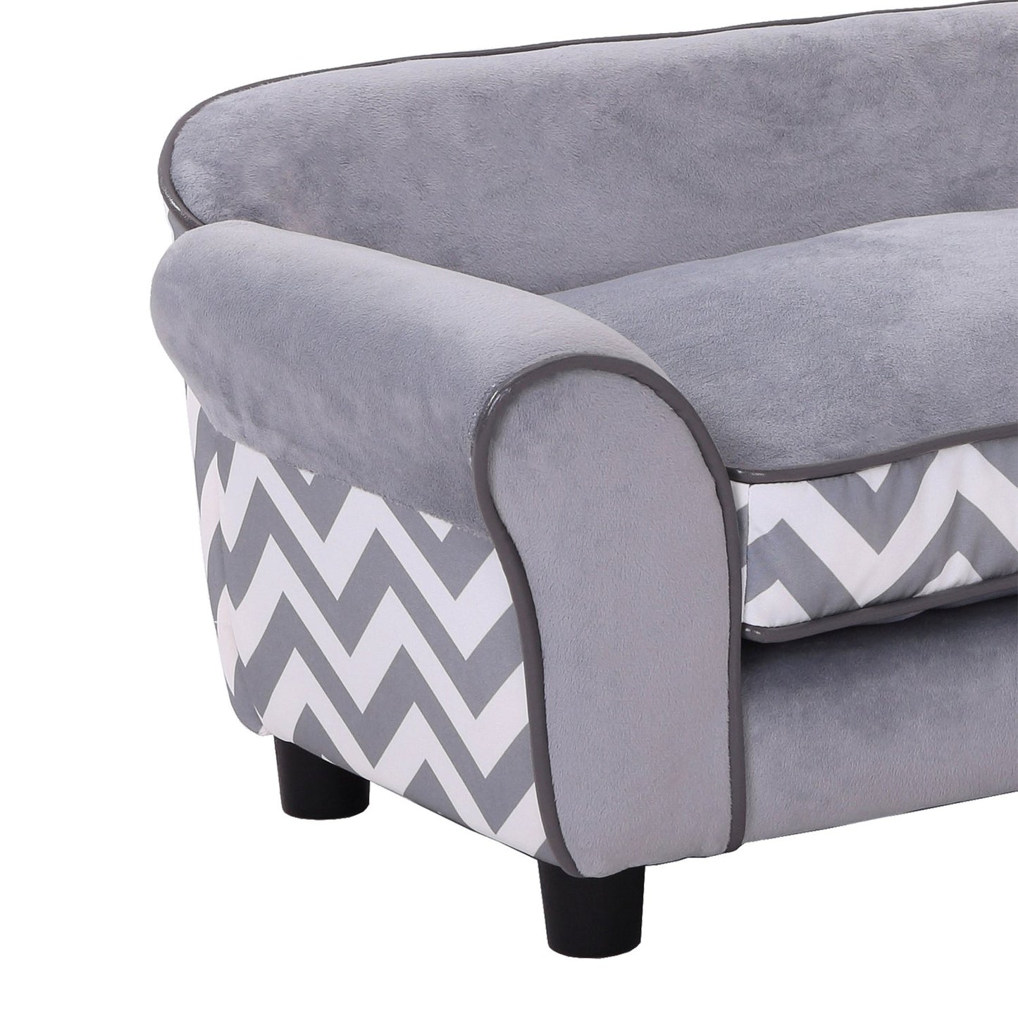 Gray velvet pet sofa with washable cushion and elevated feet