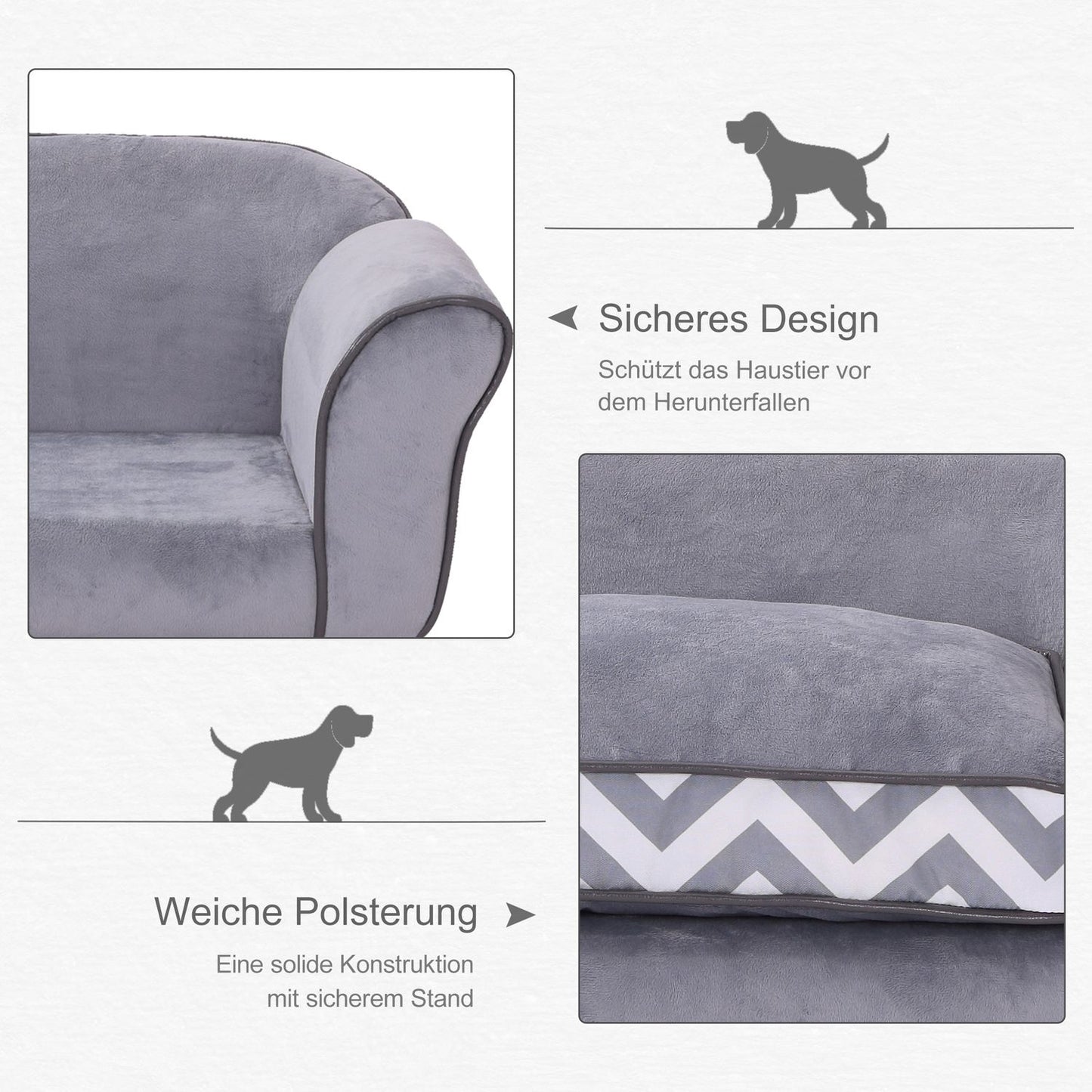 Gray velvet pet sofa with washable cushion and elevated feet