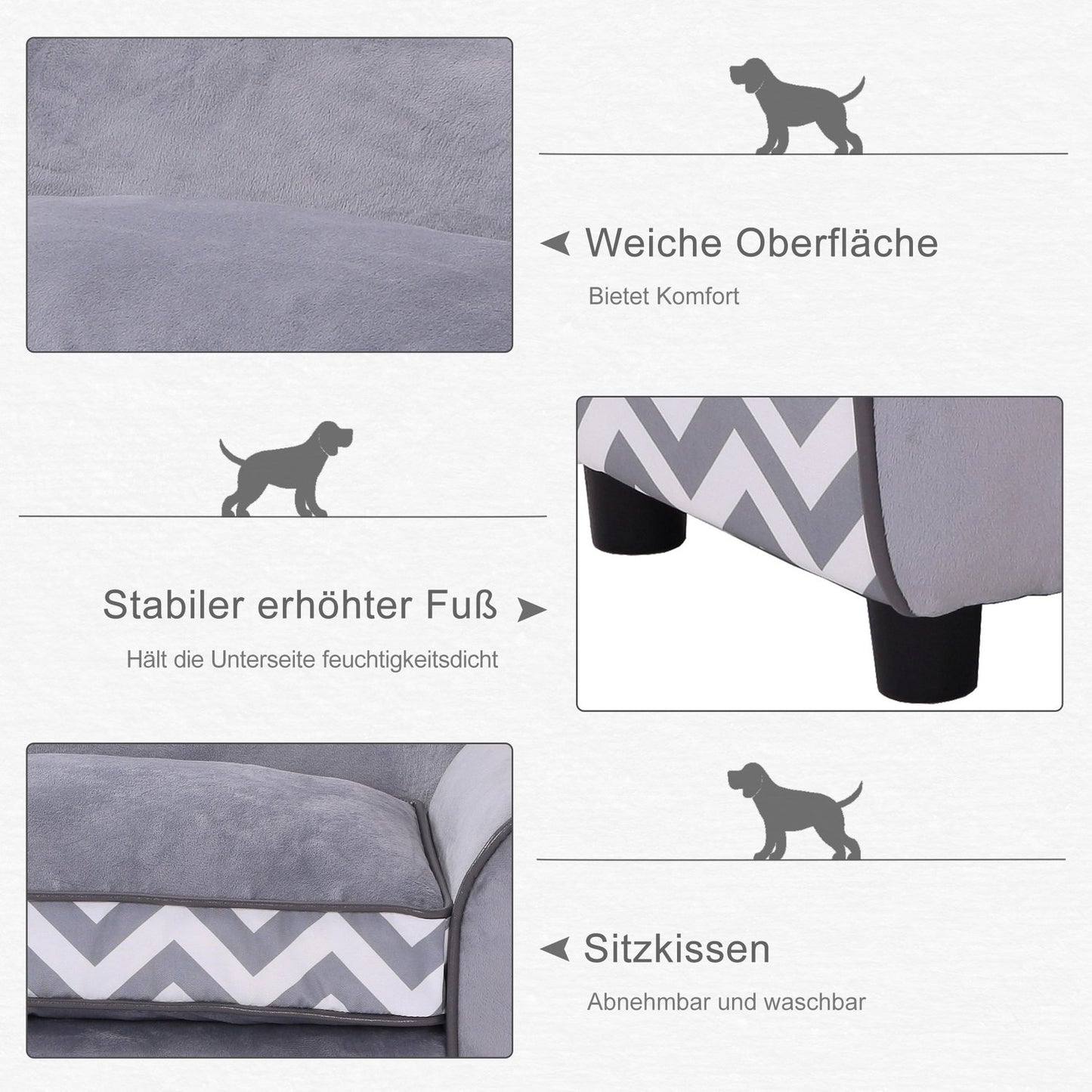 Gray velvet pet sofa with washable cushion and elevated feet