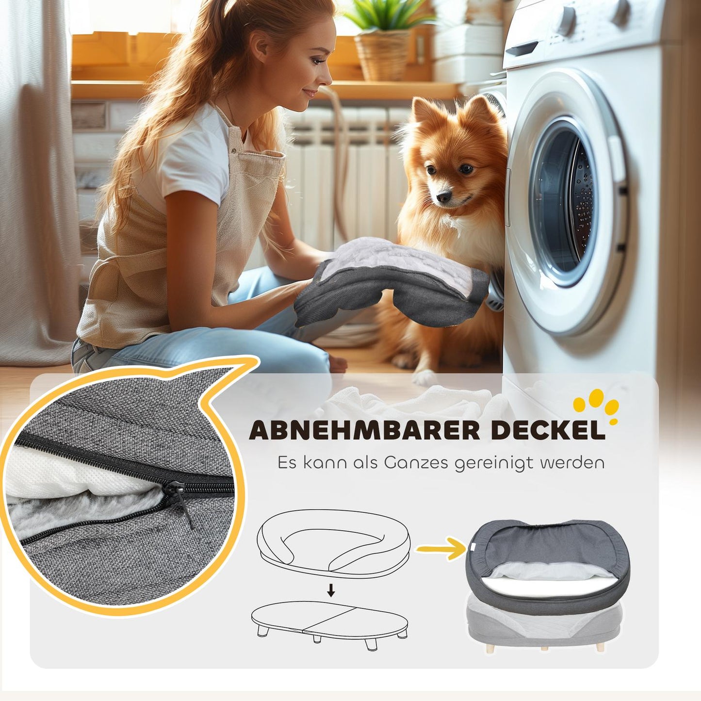 Gray dog sofa - washable cover, backrest, wooden legs