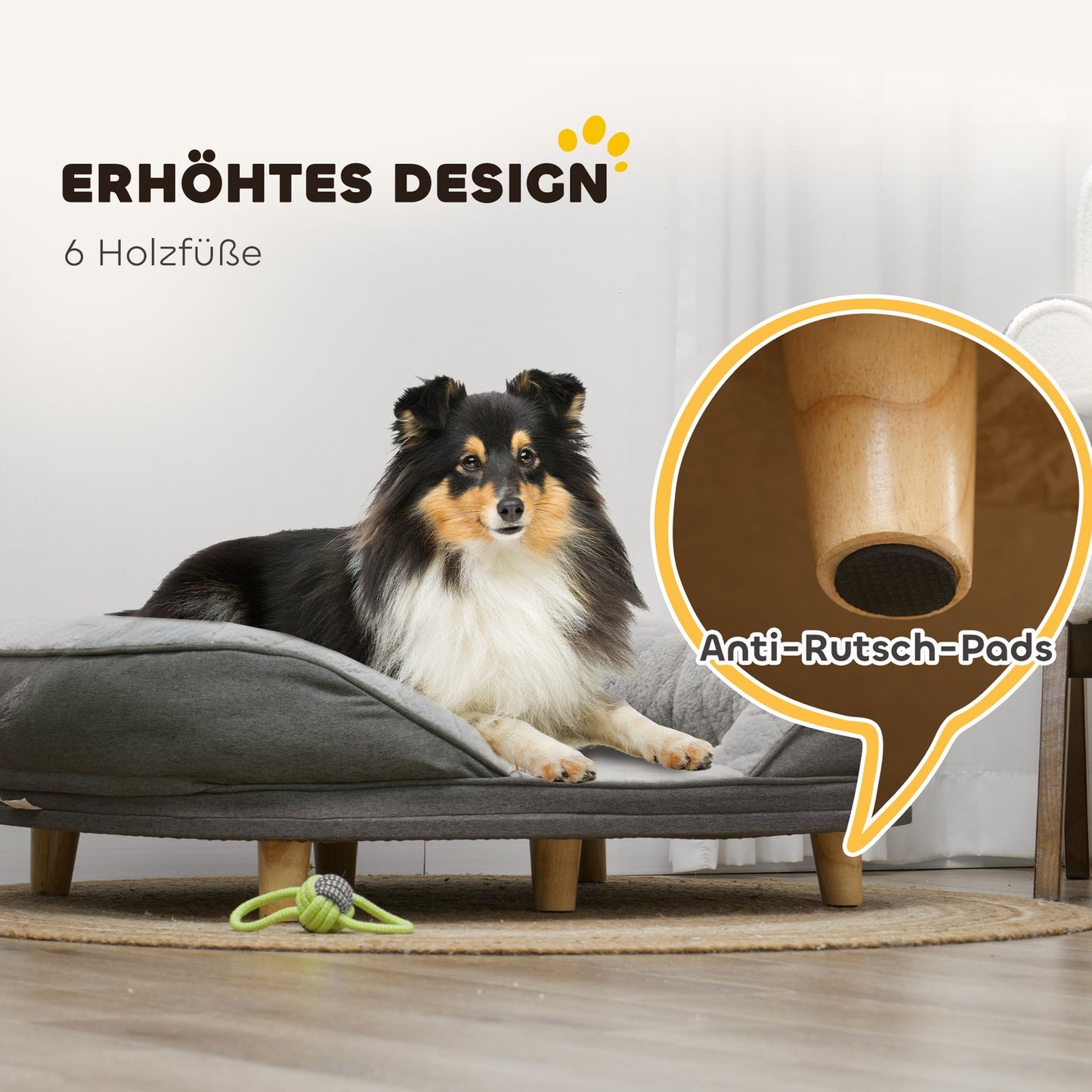 Gray dog sofa - washable cover, backrest, wooden legs