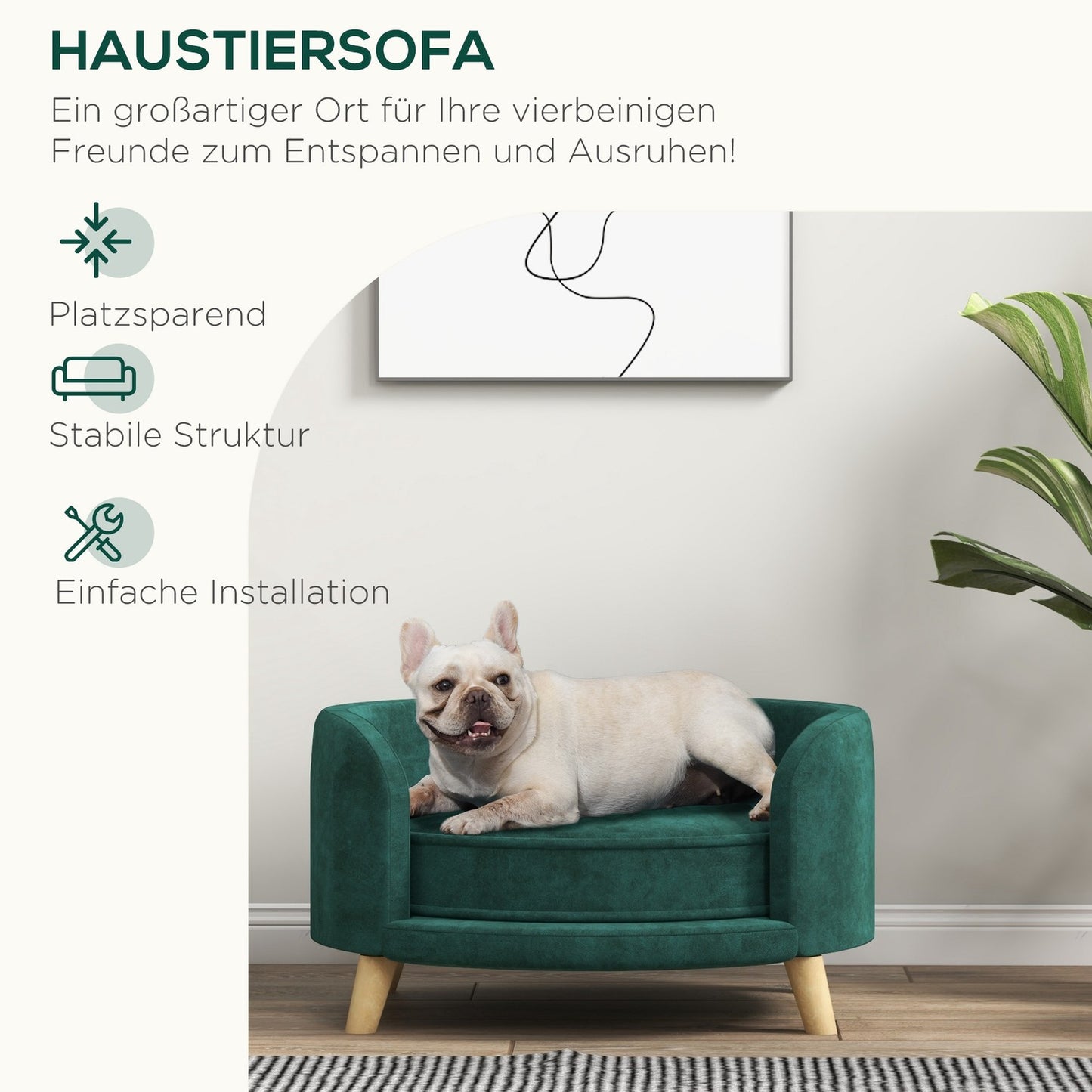 Dog sofa with cushion, velvet look, raised wooden legs