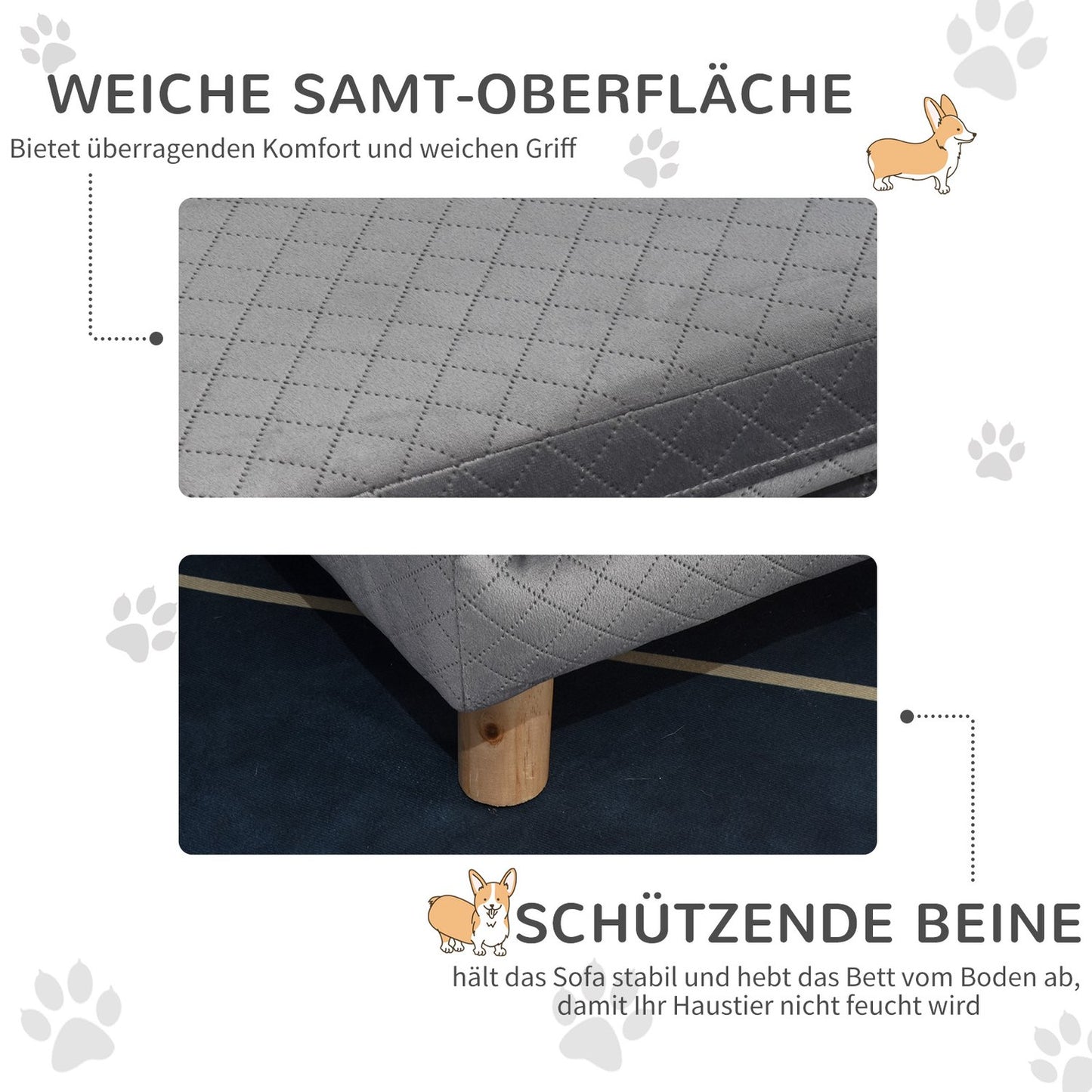 Velvet sofa for small dogs, wooden legs, grey