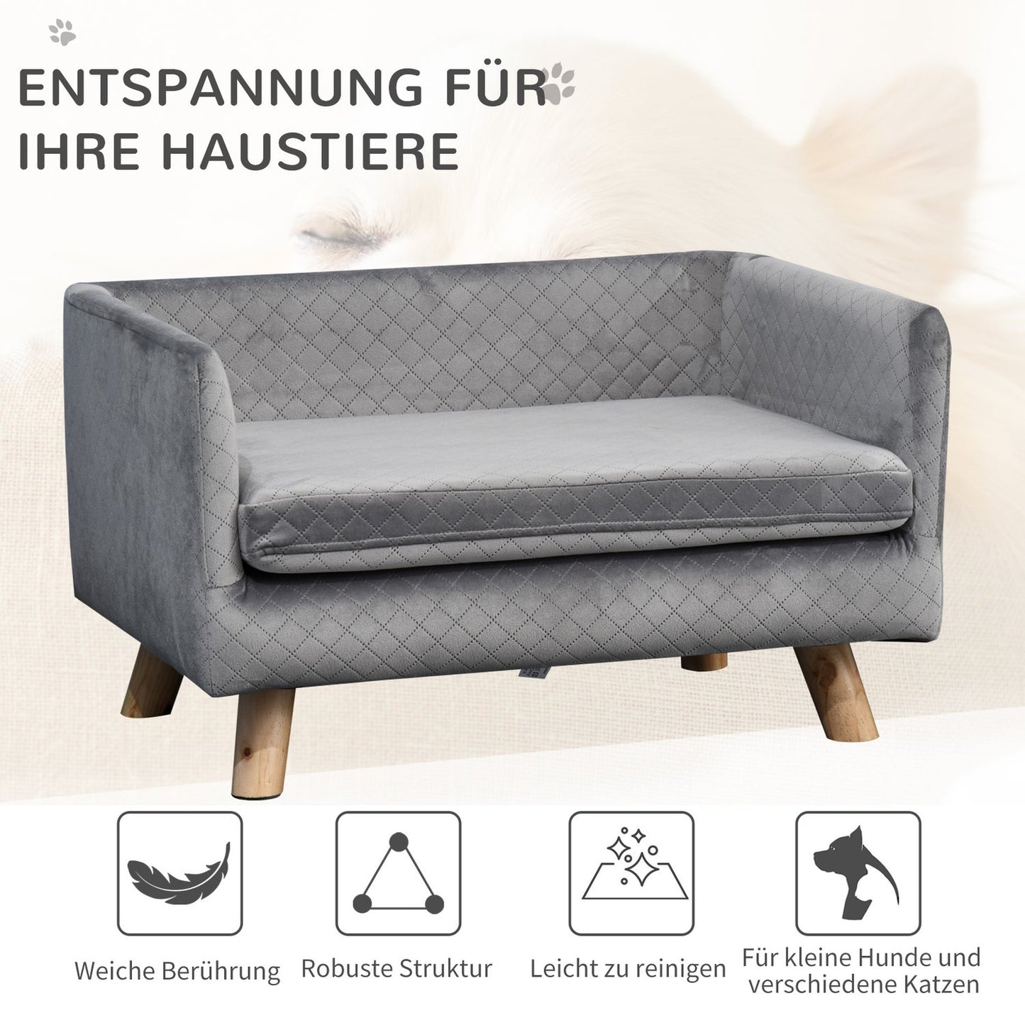 Velvet sofa for small dogs, wooden legs, grey