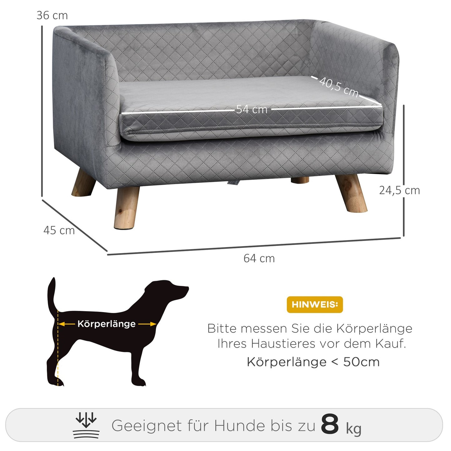 Velvet sofa for small dogs, wooden legs, grey