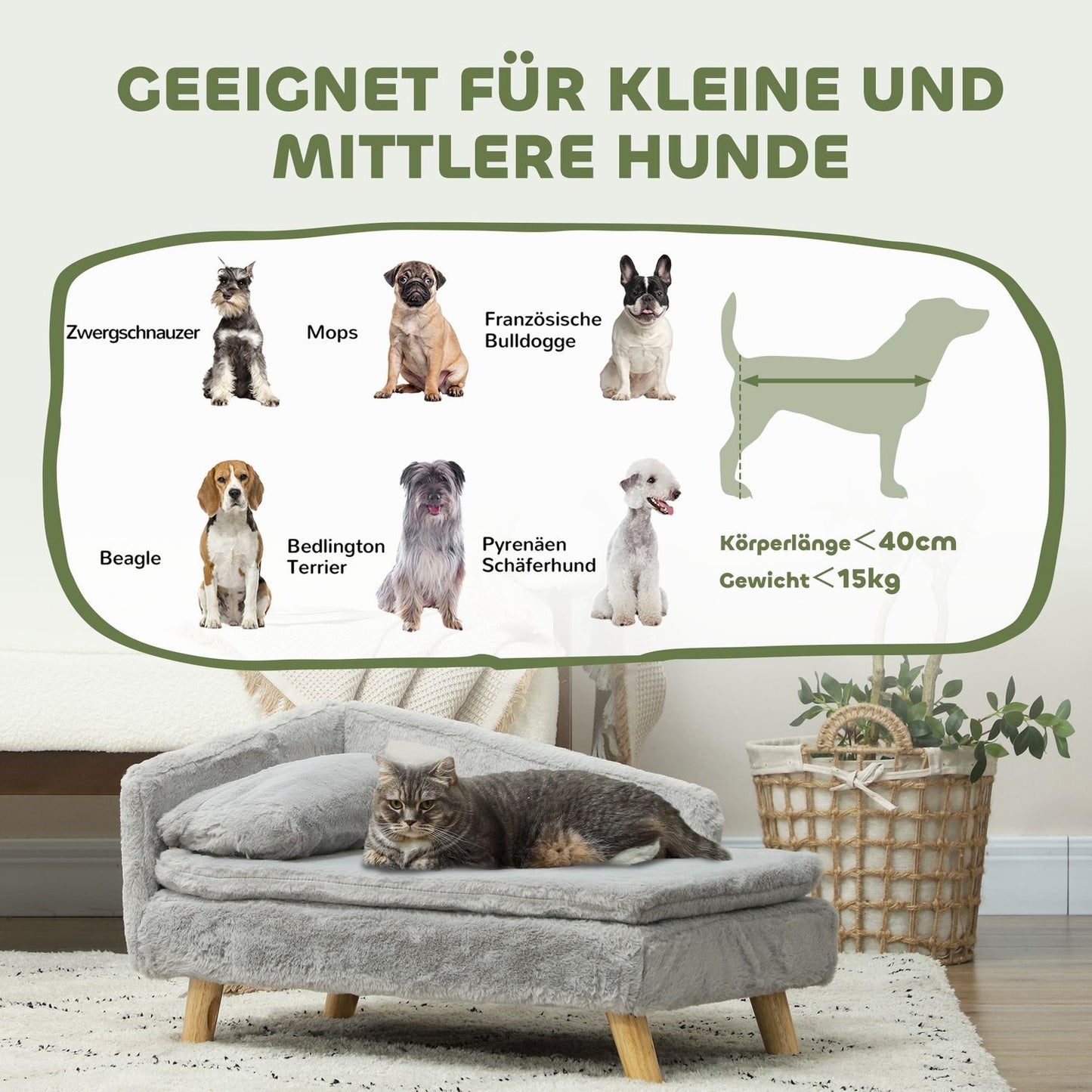 Medium dog sofa with washable cushion, raised design