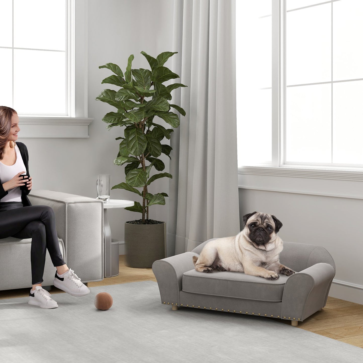 Small sofa bed for dog, washable cushion, studded, grey