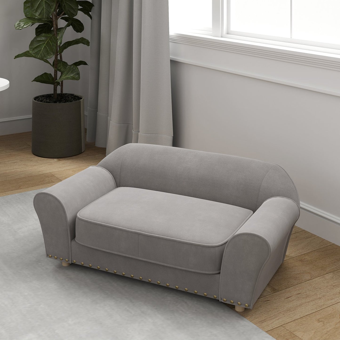 Small sofa bed for dog, washable cushion, studded, grey