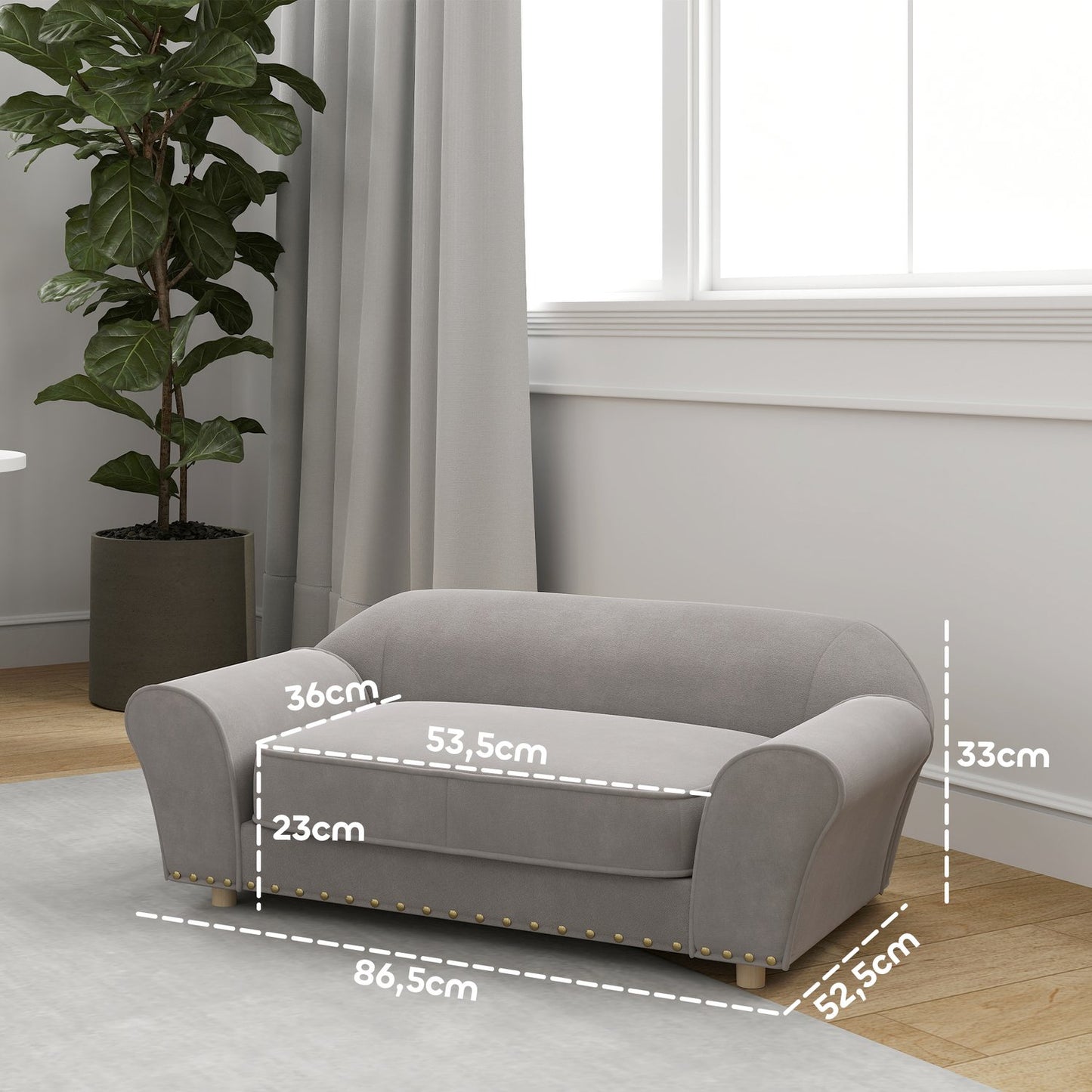 Small sofa bed for dog, washable cushion, studded, grey