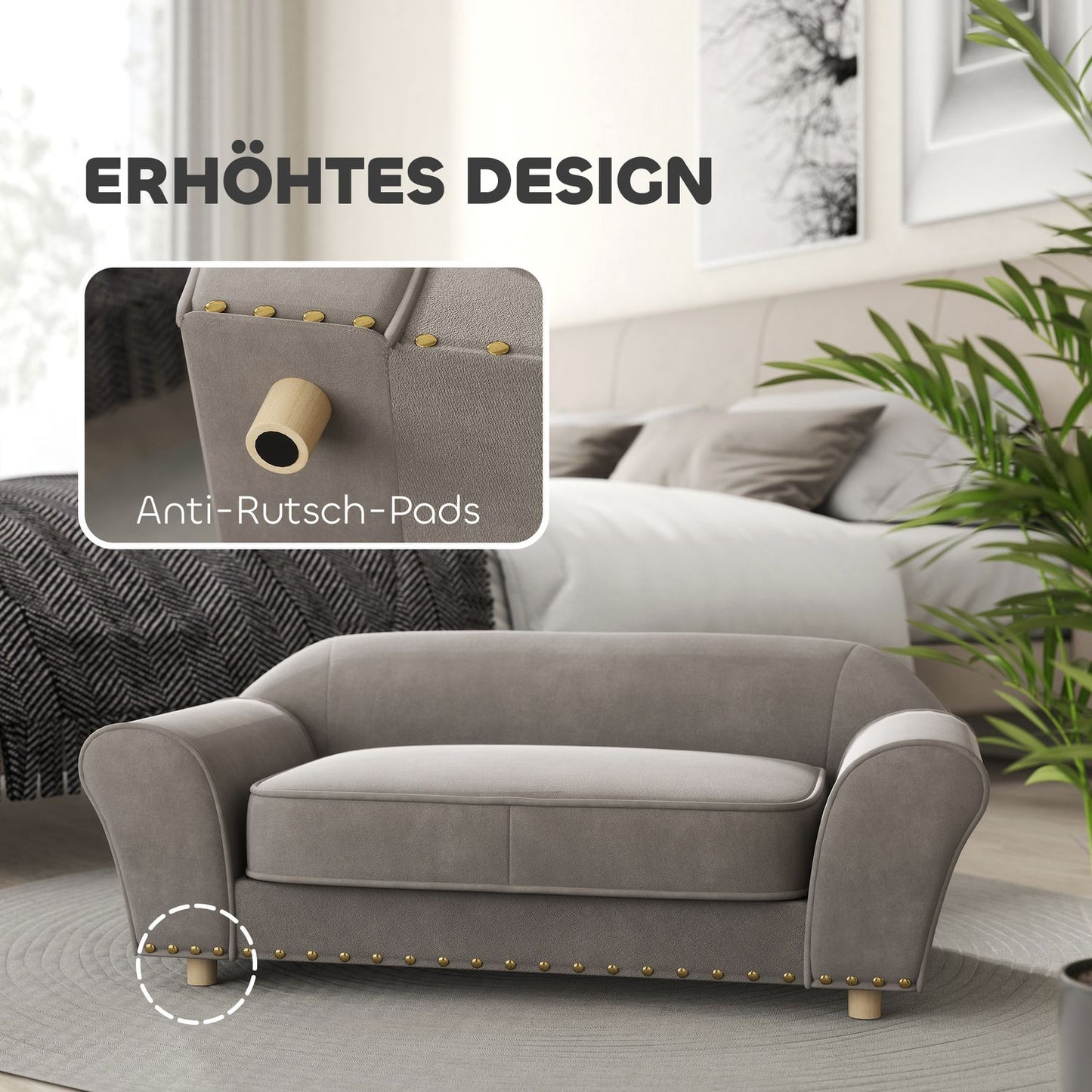 Small sofa bed for dog, washable cushion, studded, grey