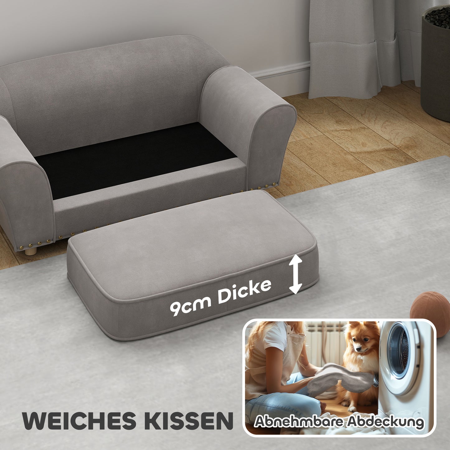 Small sofa bed for dog, washable cushion, studded, grey