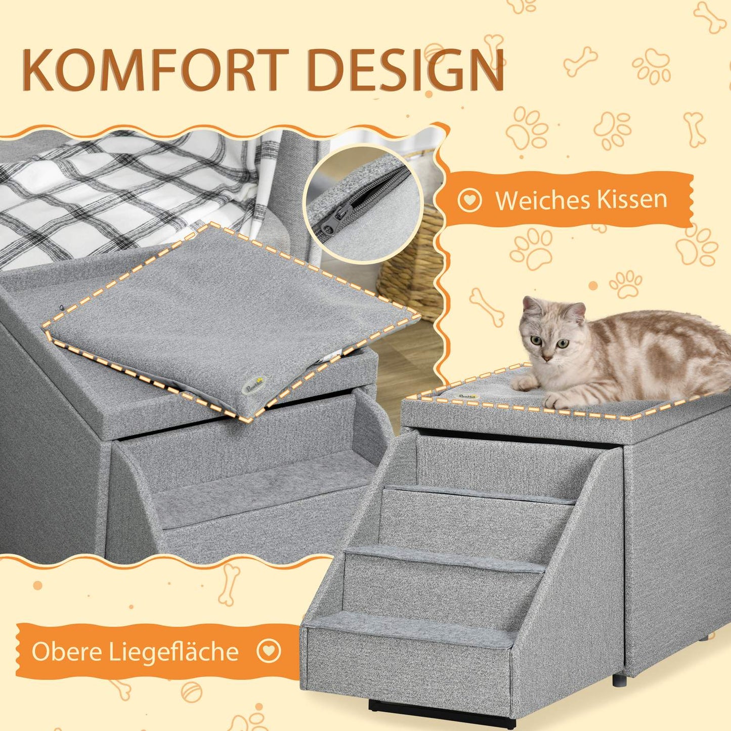 Pet Stairs and Storage - 4 Step Polyester, Light Grey