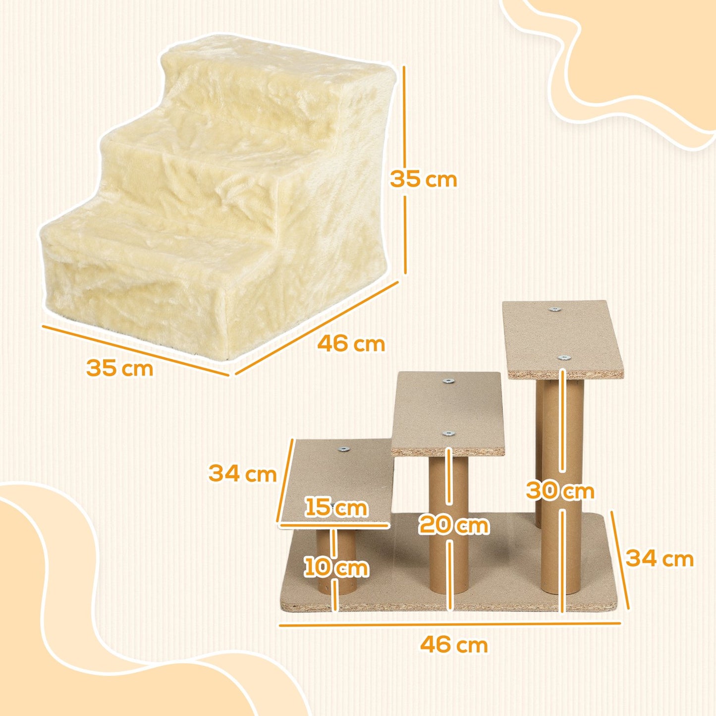 Pet stairs 3 steps, 35 cm, plush, for cats/dogs up to 4.5 kg