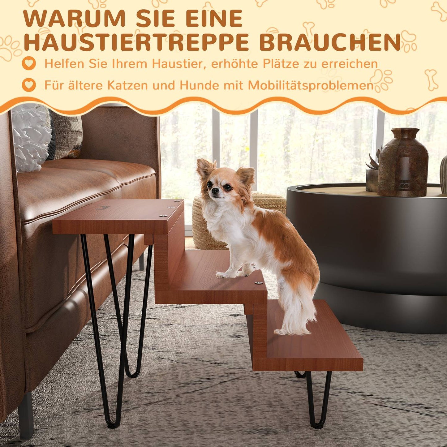 Pet stairs, 3-step wood and steel, supports up to 20 kg