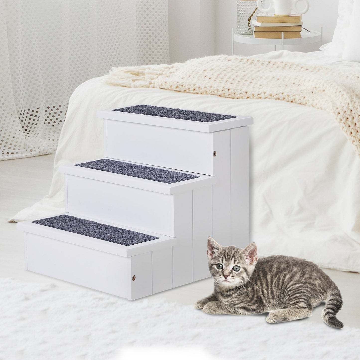 Pet stairs with carpet & storage, pine, white