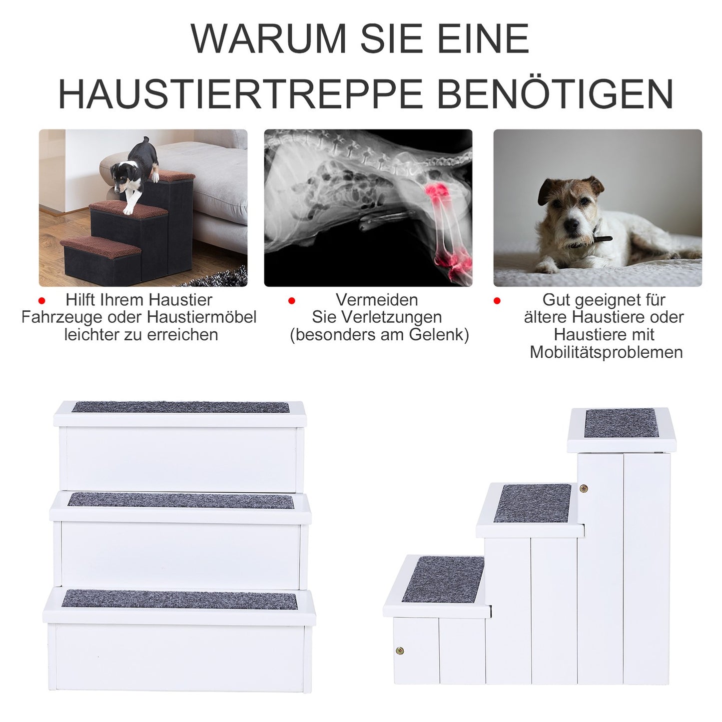 Pet stairs with carpet & storage, pine, white