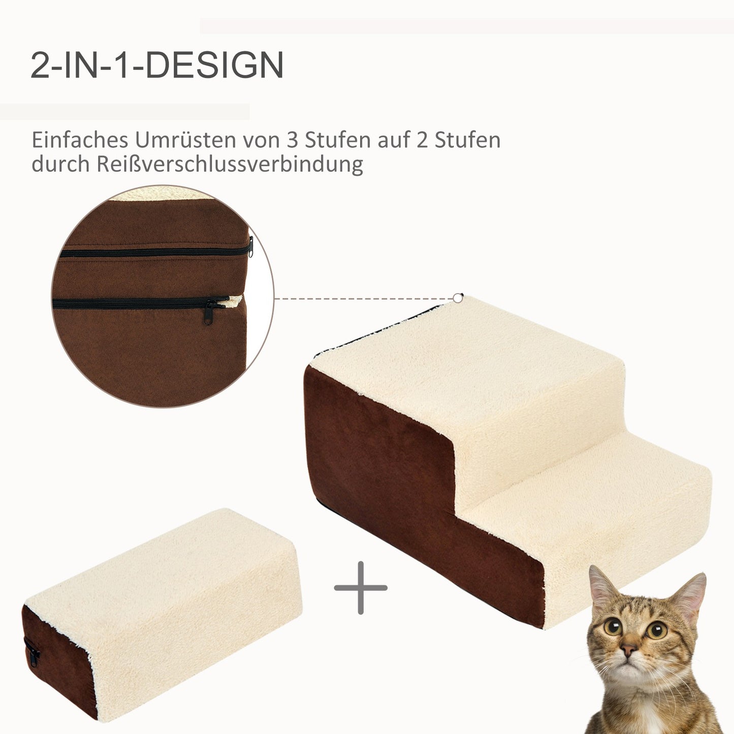 Pet ladder, 3-step plush beige, 54x40x39 cm