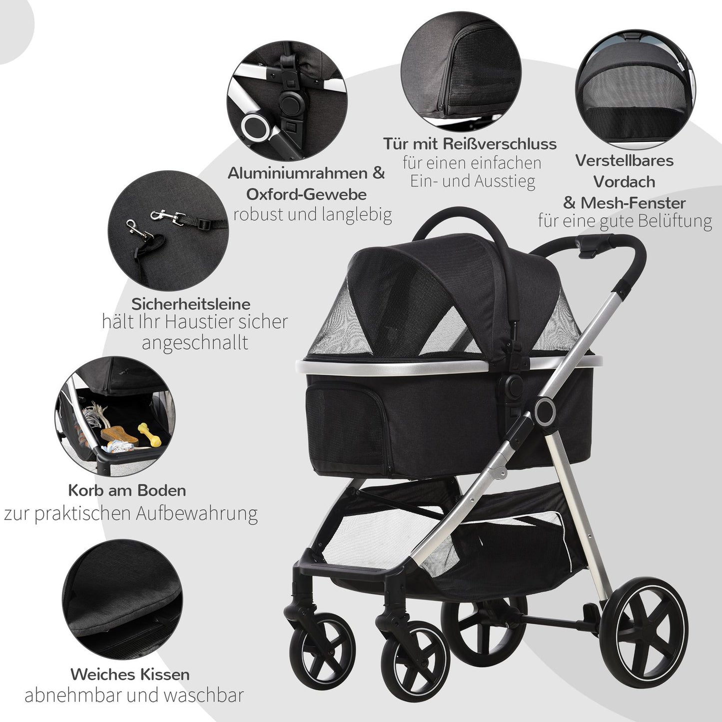Collapsible dog and cat stroller - 3-in-1 with cushion, brakes