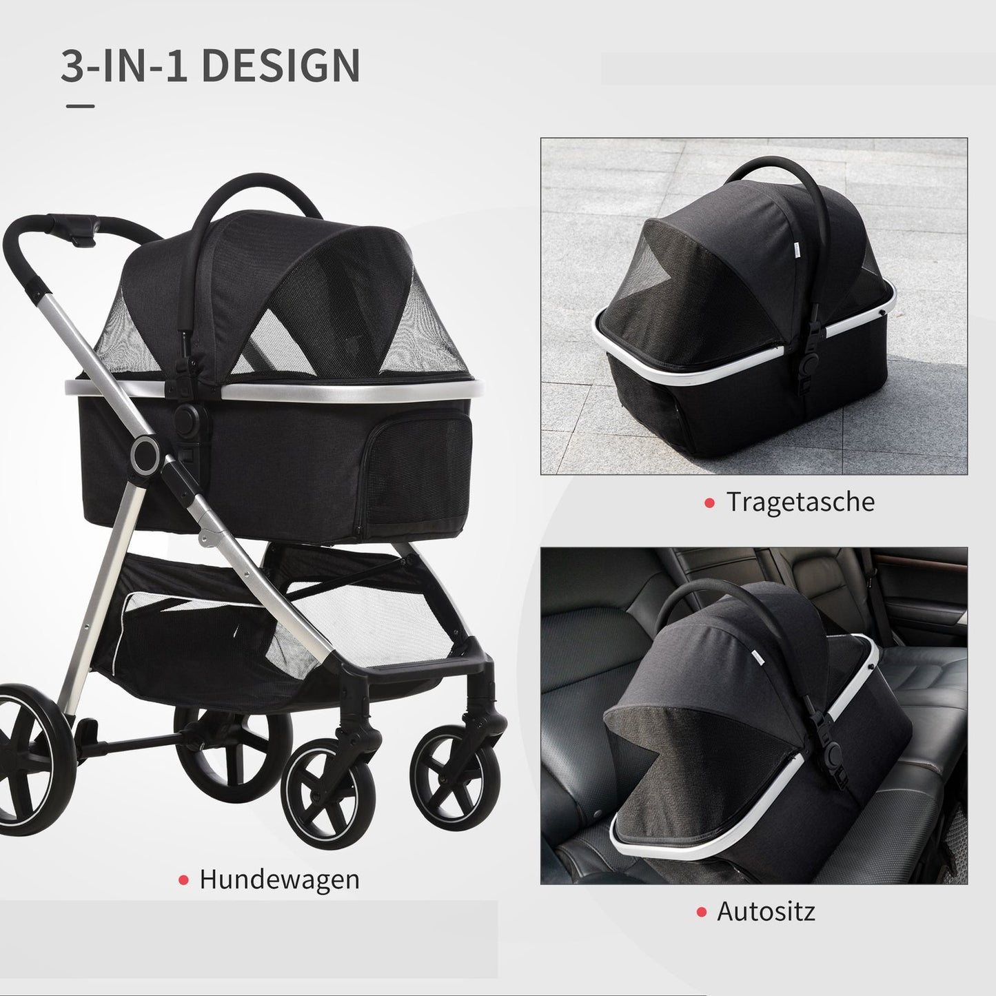 Collapsible dog and cat stroller - 3-in-1 with cushion, brakes