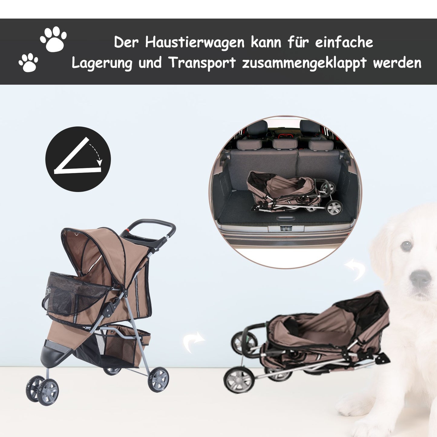 Pet stroller for small dogs and cats, coffee brown