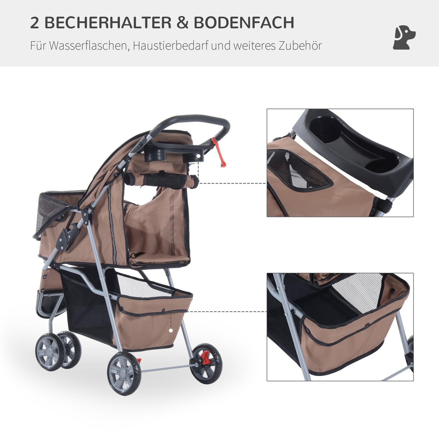 Pet stroller for small dogs and cats, coffee brown