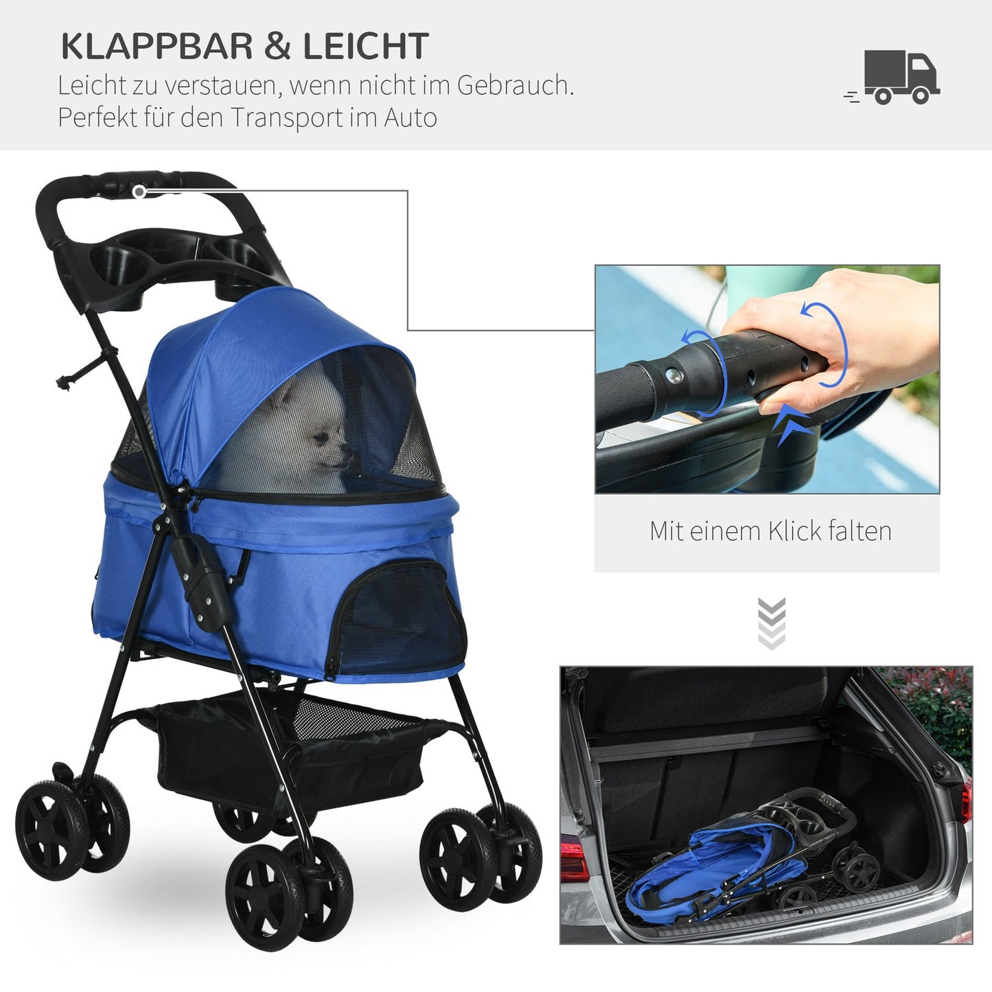 Collapsible pet stroller for small dogs and cats, blue