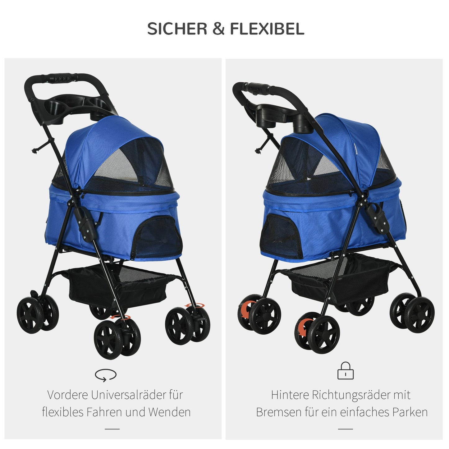 Collapsible pet stroller for small dogs and cats, blue