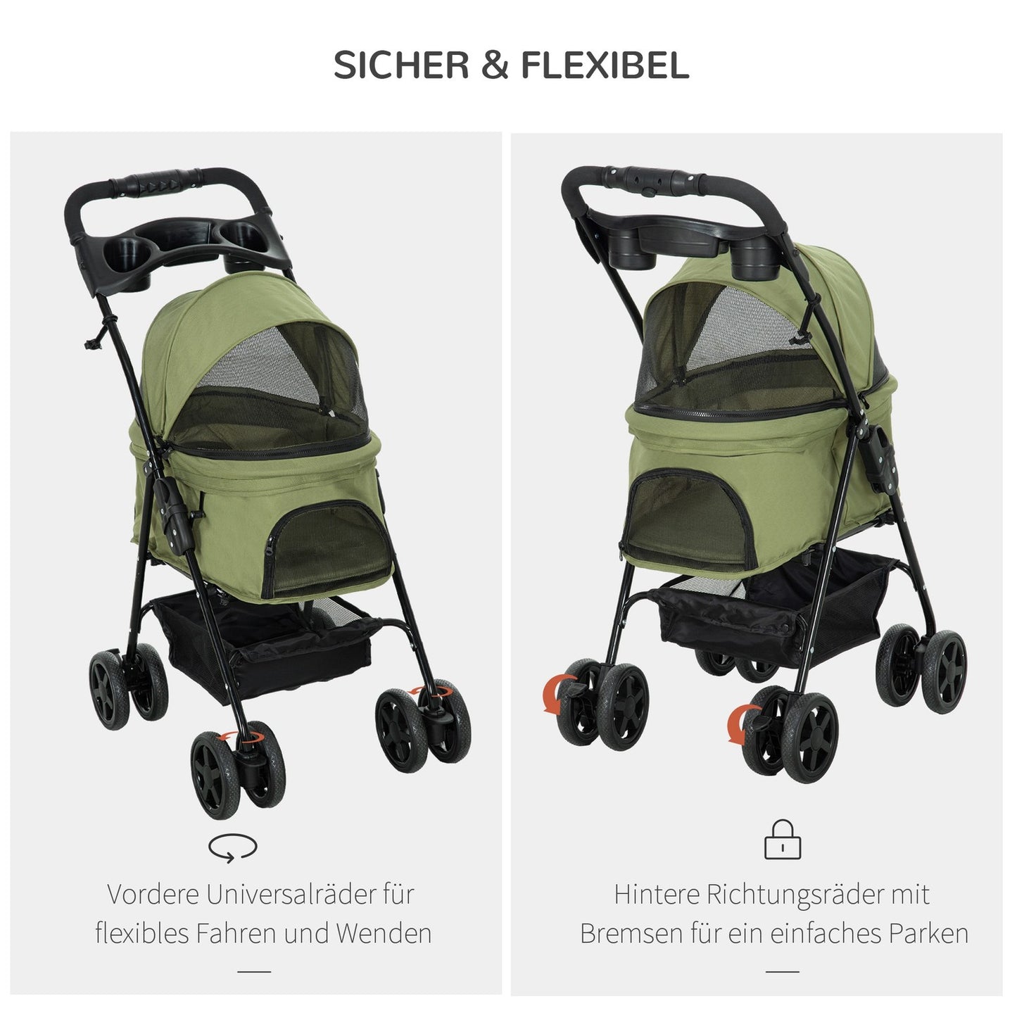 Pet stroller, foldable, small dogs and cats, Oxford Green