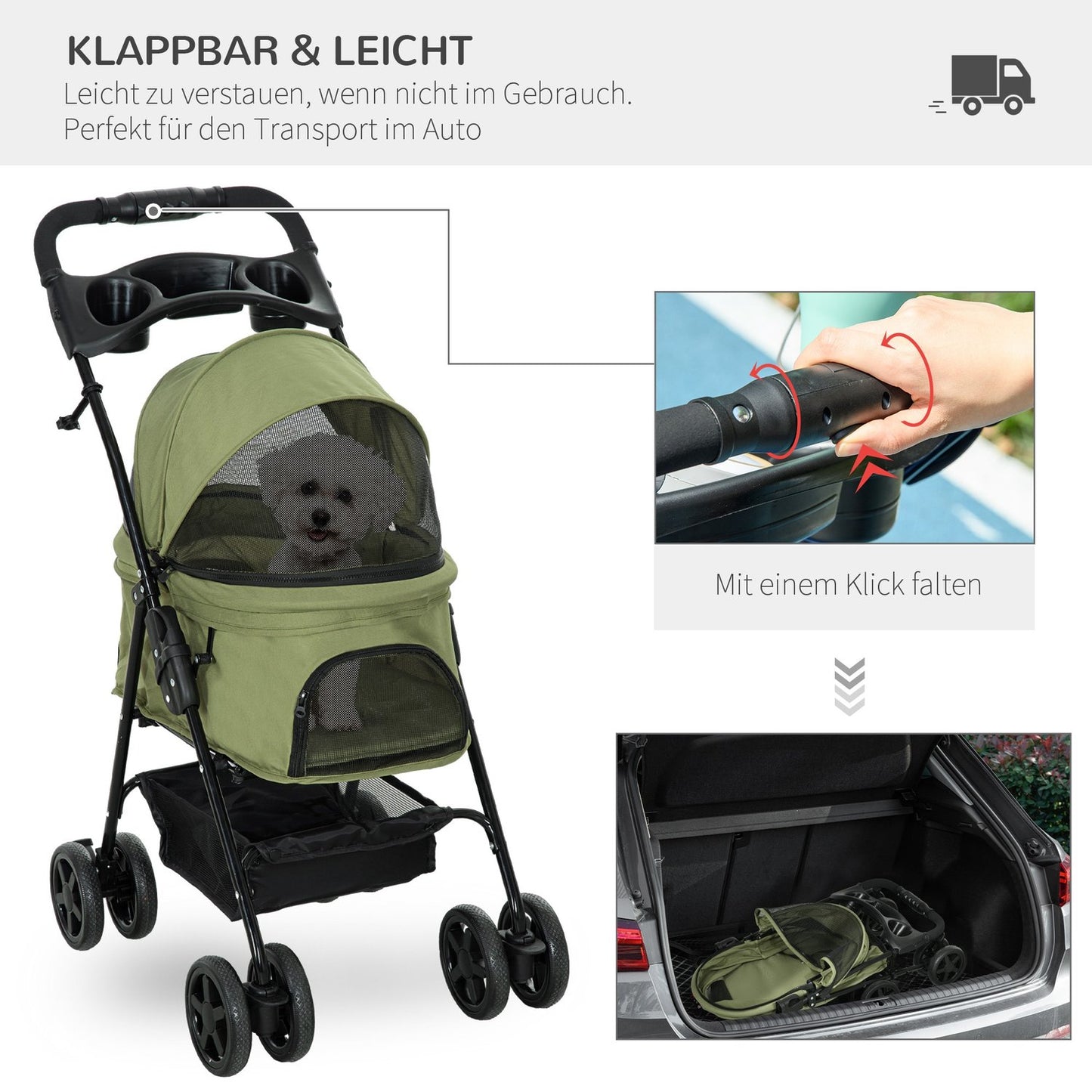 Pet stroller, foldable, small dogs and cats, Oxford Green
