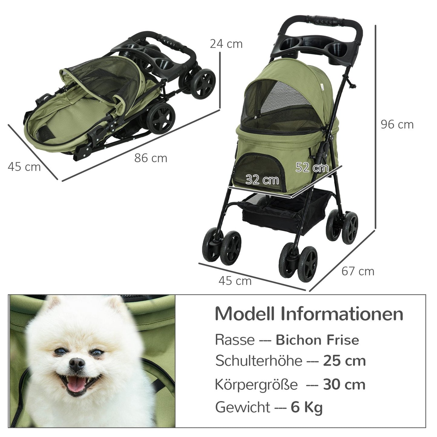 Pet stroller, foldable, small dogs and cats, Oxford Green