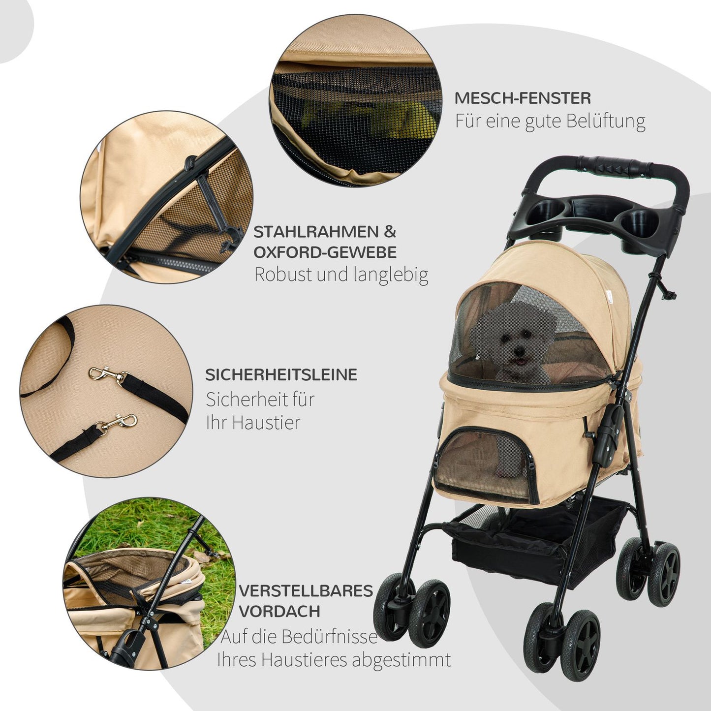 Collapsible pet carriage for small dogs & cats, Khaki 67x45x96 cm