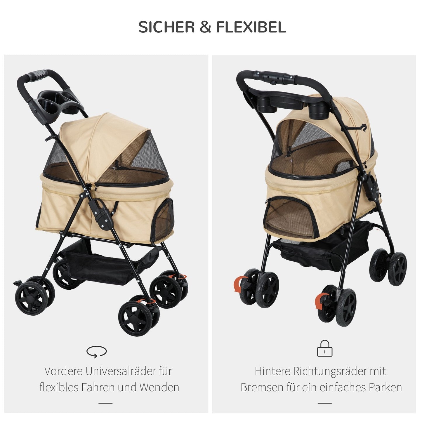 Collapsible pet carriage for small dogs & cats, Khaki 67x45x96 cm