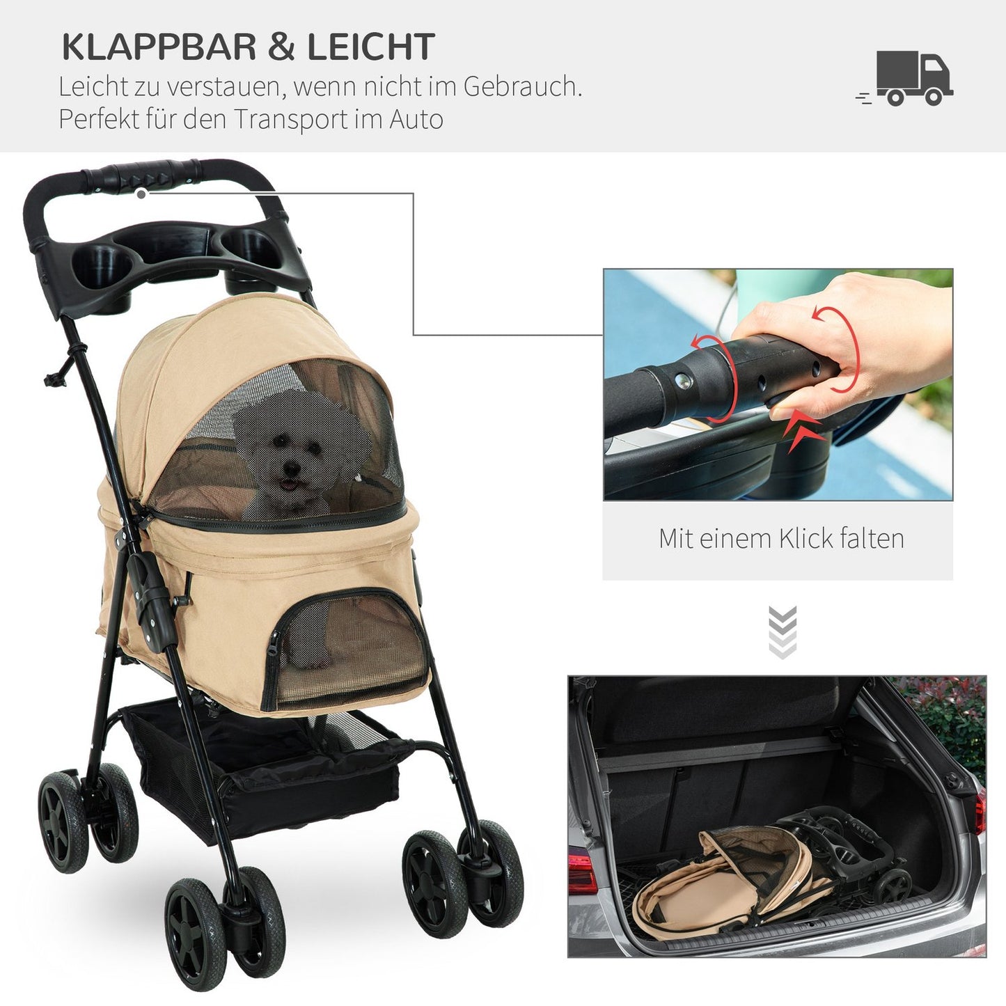 Collapsible pet carriage for small dogs & cats, Khaki 67x45x96 cm