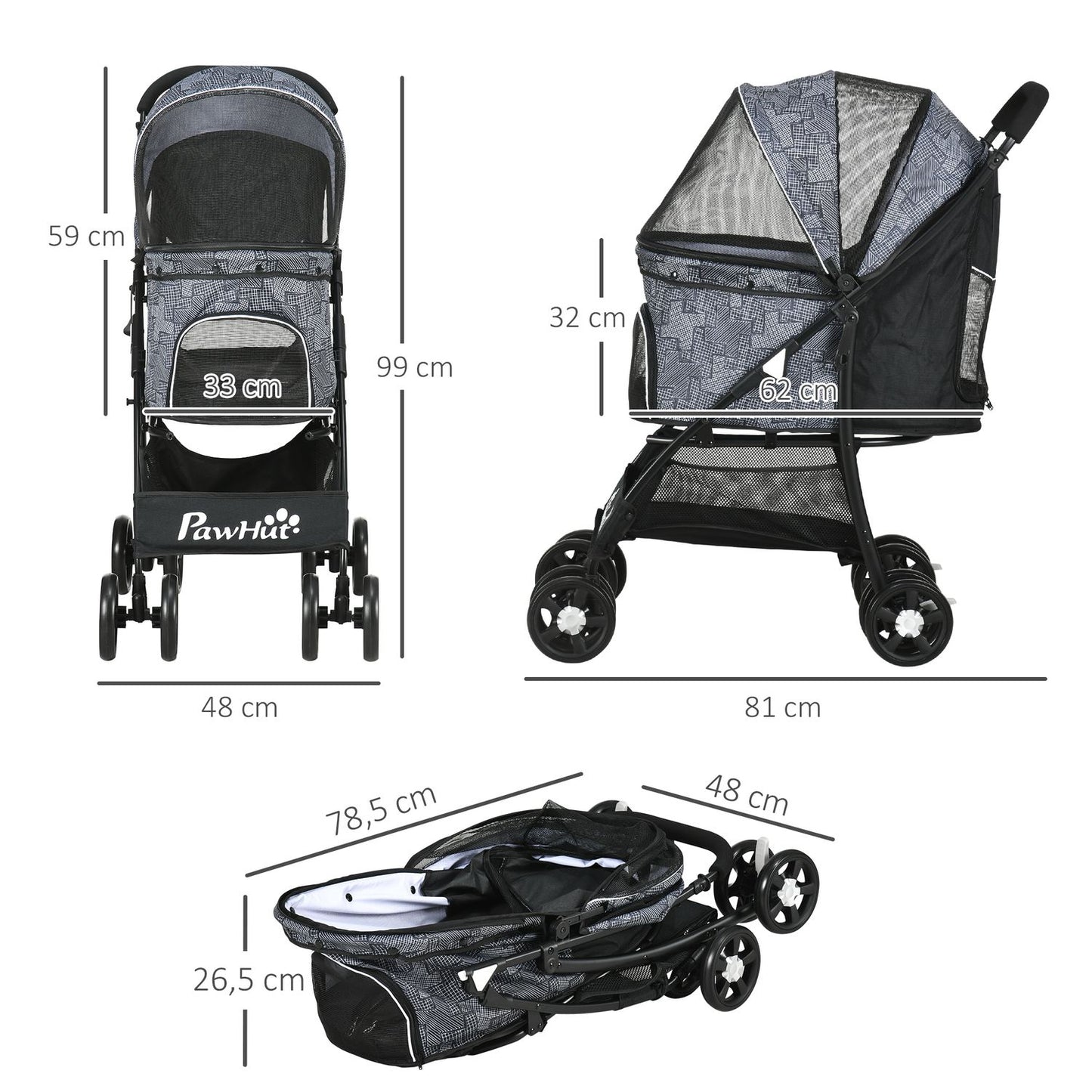 Folding Pet Stroller with Cushion, Oxford Fabric, Black