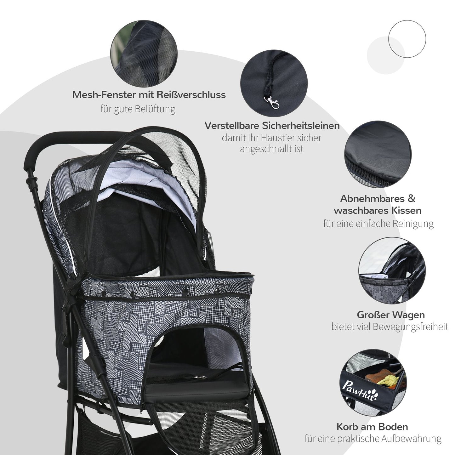 Folding Pet Stroller with Cushion, Oxford Fabric, Black