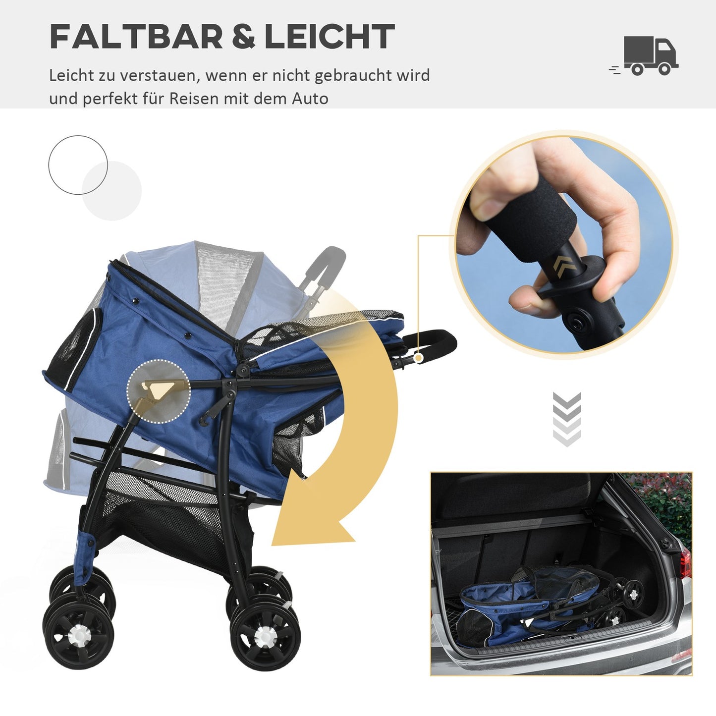 Collapsible dog and cat stroller with cushion and storage