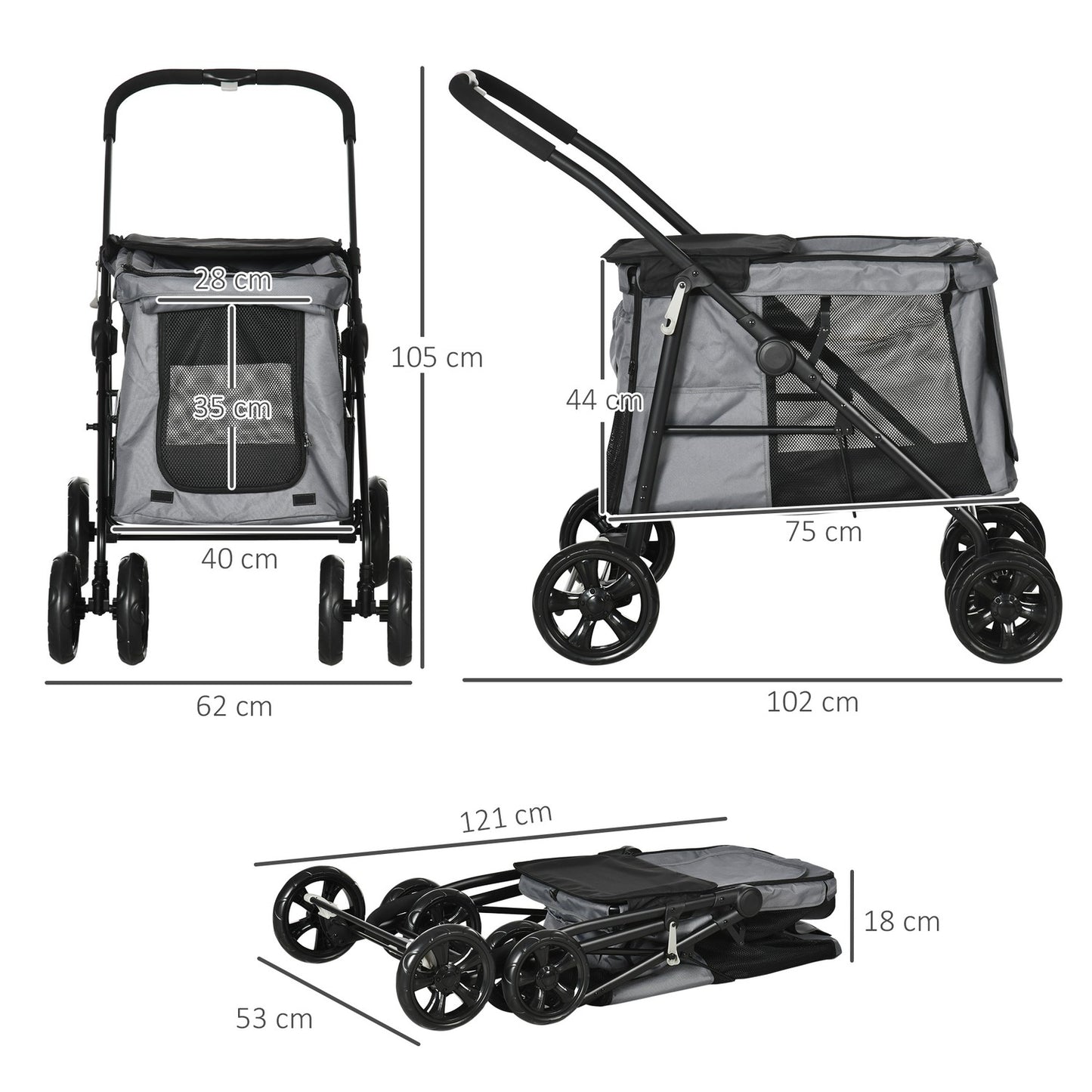 Collapsible pet stroller with cushion, net, 20 kg capacity